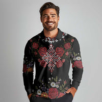 Czech Republic Traditional Costume Long Sleeve Polo Shirt Embroidery Floral Pattern With Red Rose