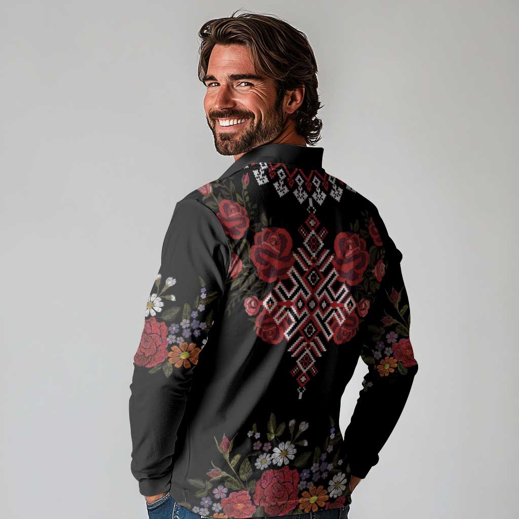 Czech Republic Traditional Costume Long Sleeve Polo Shirt Embroidery Floral Pattern With Red Rose