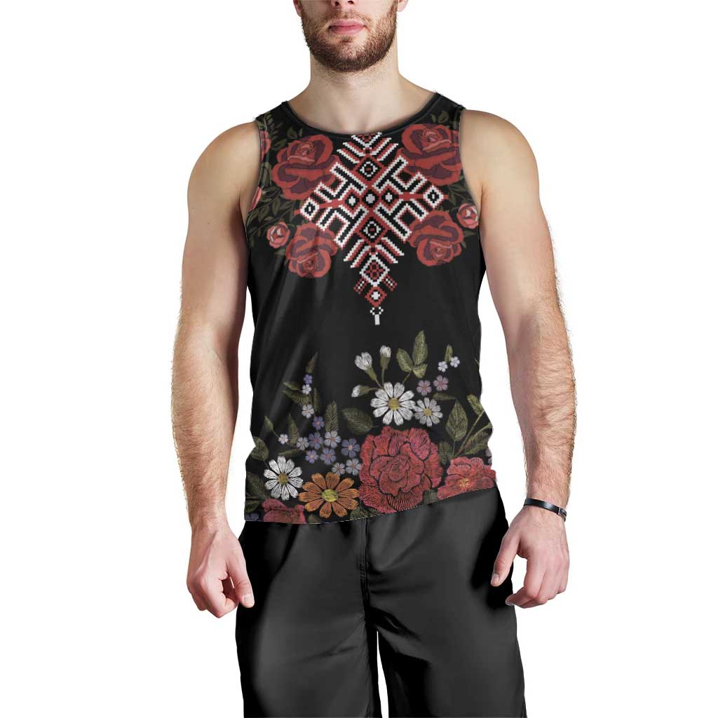 Czech Republic Traditional Costume Men Tank Top Embroidery Floral Pattern With Red Rose