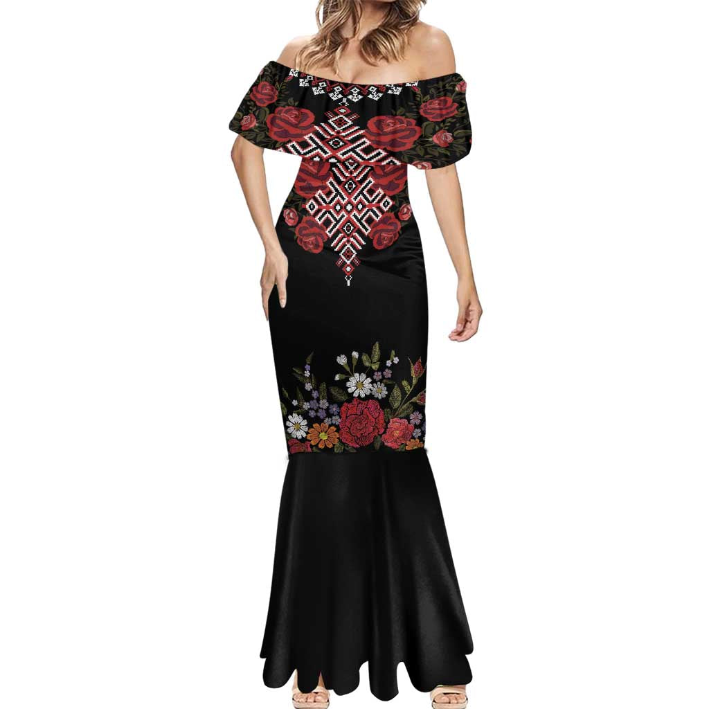 Czech Republic Traditional Costume Mermaid Dress Embroidery Floral Pattern With Red Rose