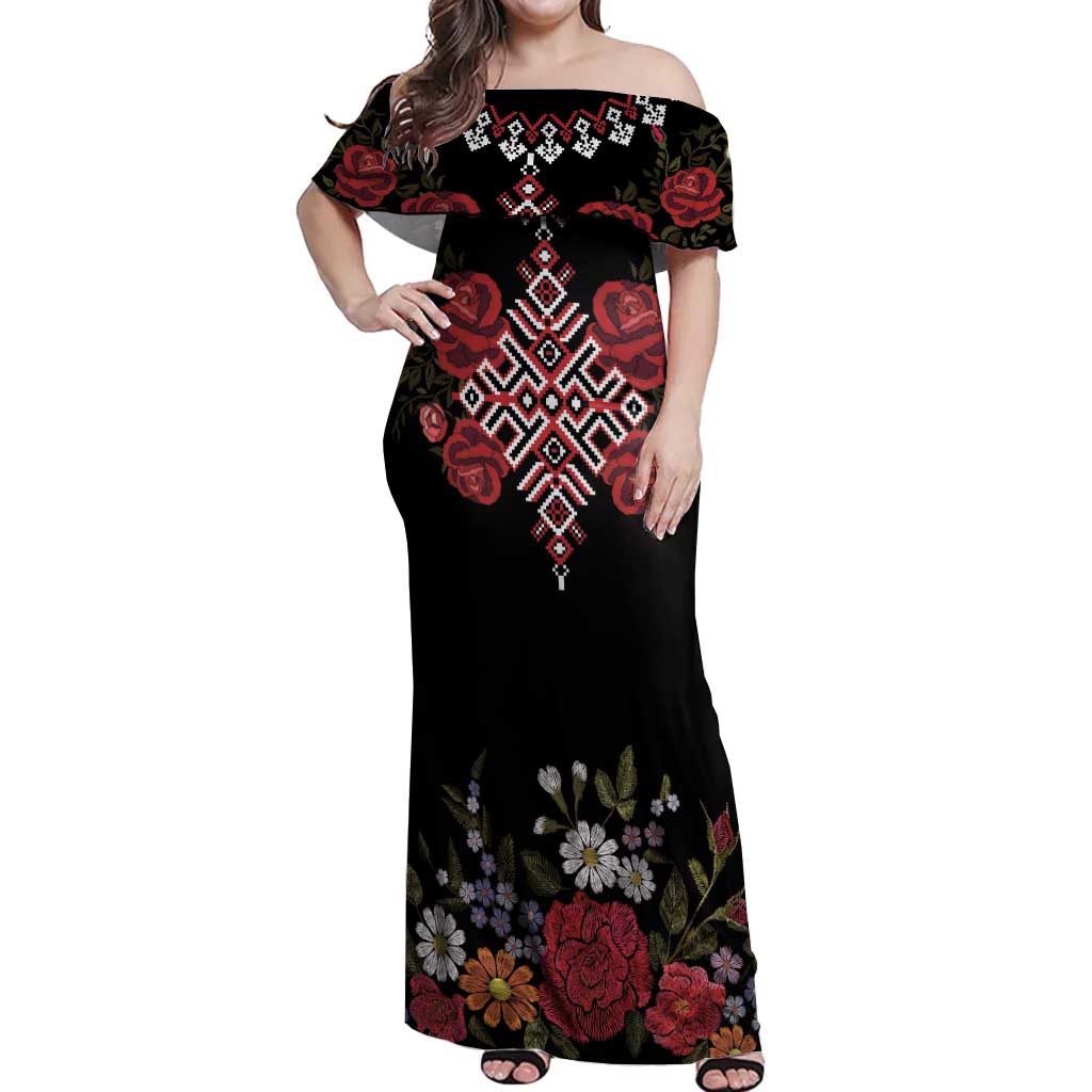 Czech Republic Traditional Costume Off Shoulder Maxi Dress Embroidery Floral Pattern With Red Rose