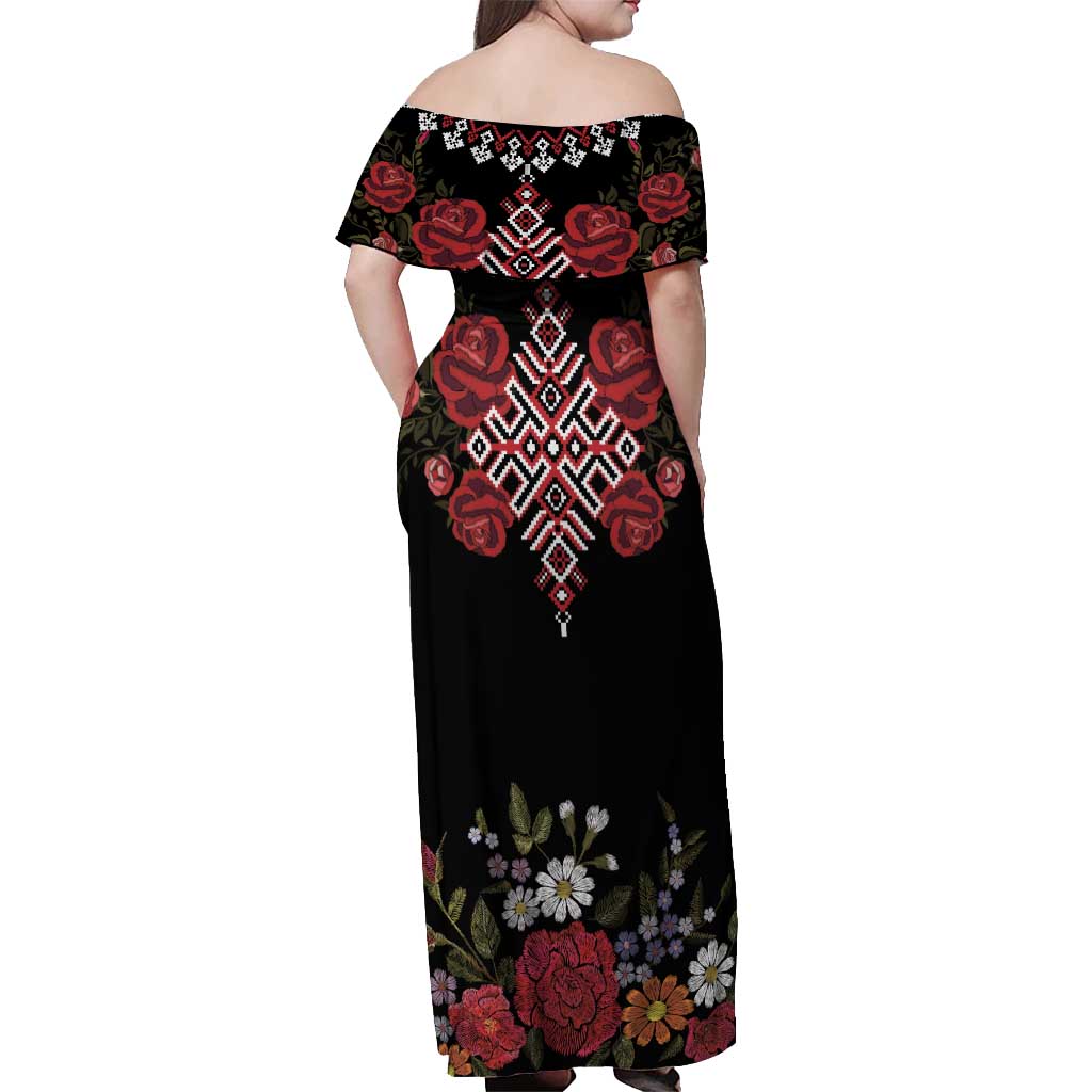 Czech Republic Traditional Costume Off Shoulder Maxi Dress Embroidery Floral Pattern With Red Rose