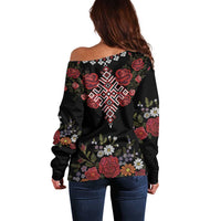 Czech Republic Traditional Costume Off Shoulder Sweater Embroidery Floral Pattern With Red Rose