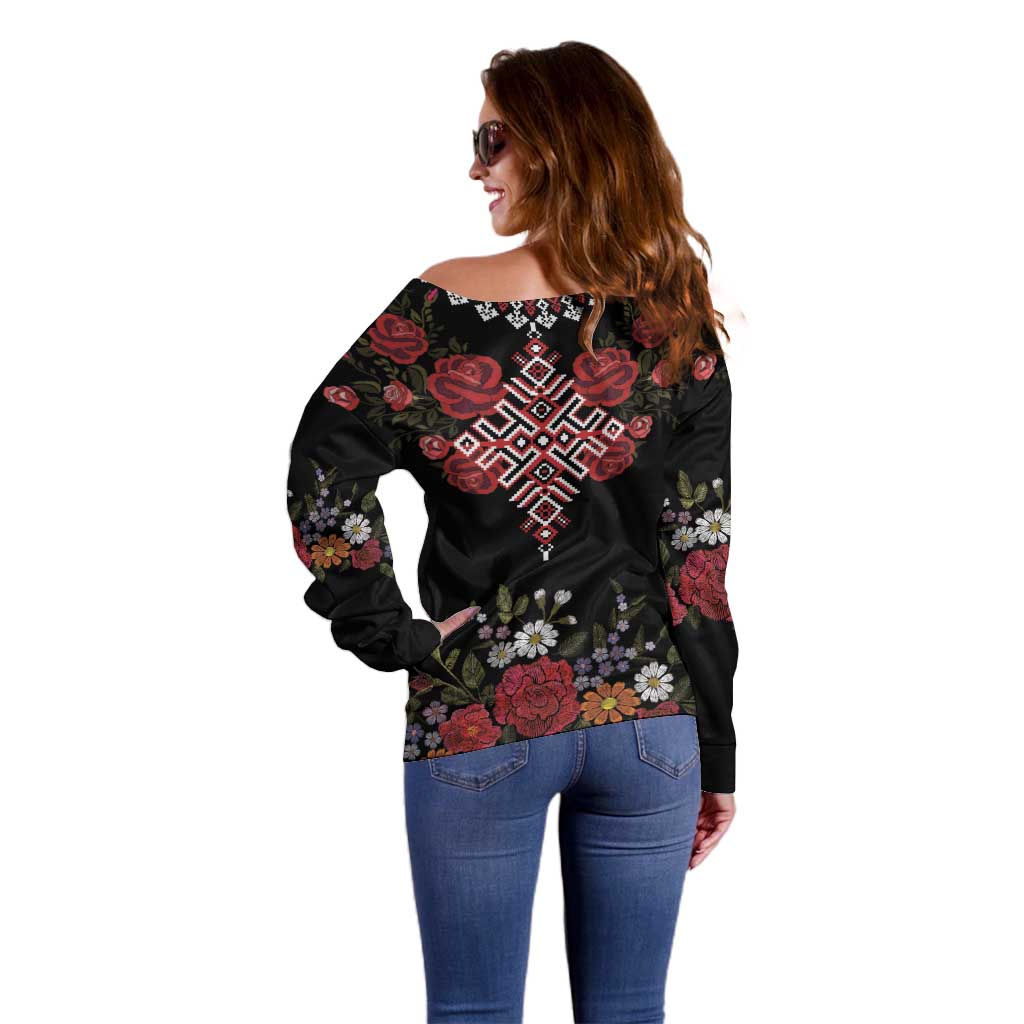 Czech Republic Traditional Costume Off Shoulder Sweater Embroidery Floral Pattern With Red Rose
