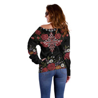 Czech Republic Traditional Costume Off Shoulder Sweater Embroidery Floral Pattern With Red Rose