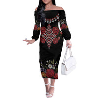 Czech Republic Traditional Costume Off The Shoulder Long Sleeve Dress Embroidery Floral Pattern With Red Rose