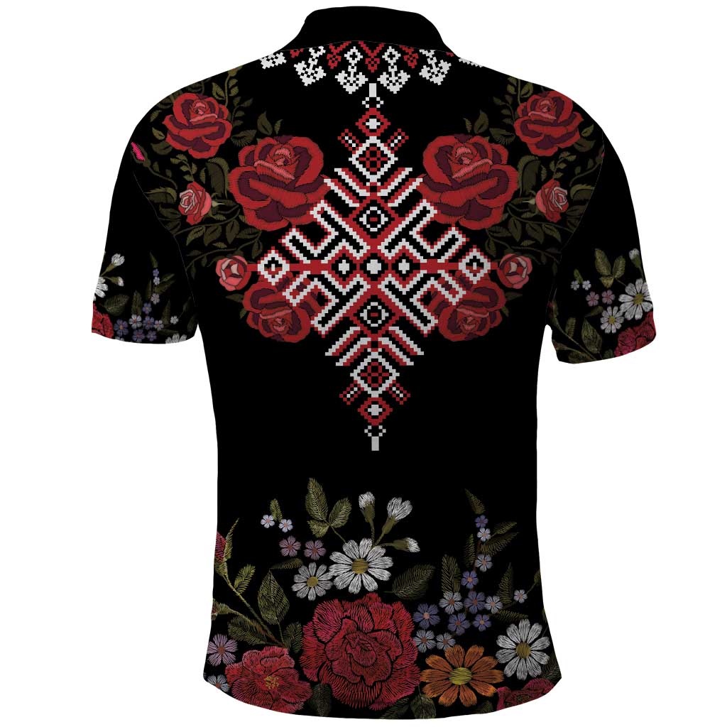 Czech Republic Traditional Costume Polo Shirt Embroidery Floral Pattern With Red Rose