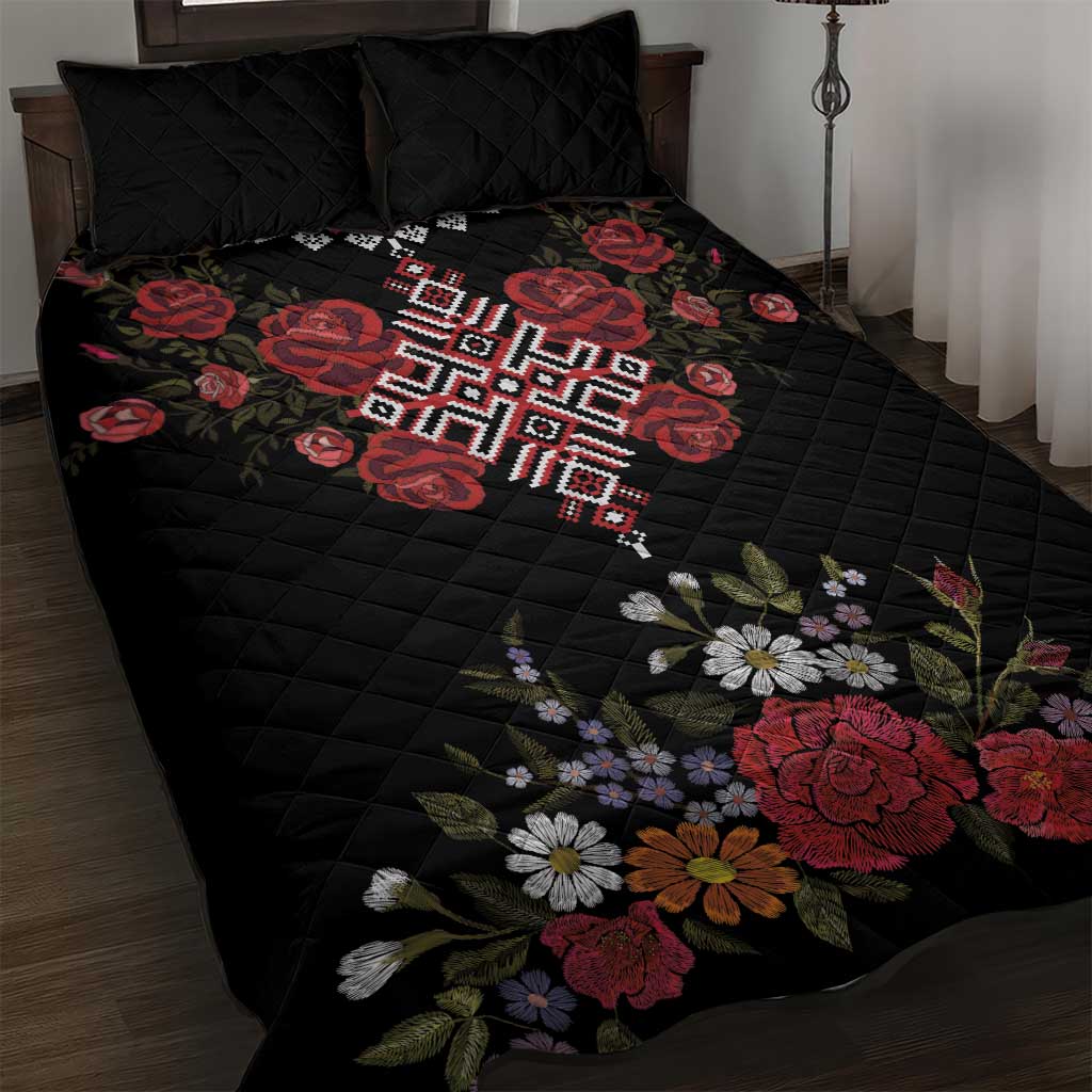 Czech Republic Traditional Costume Quilt Bed Set Embroidery Floral Pattern With Red Rose