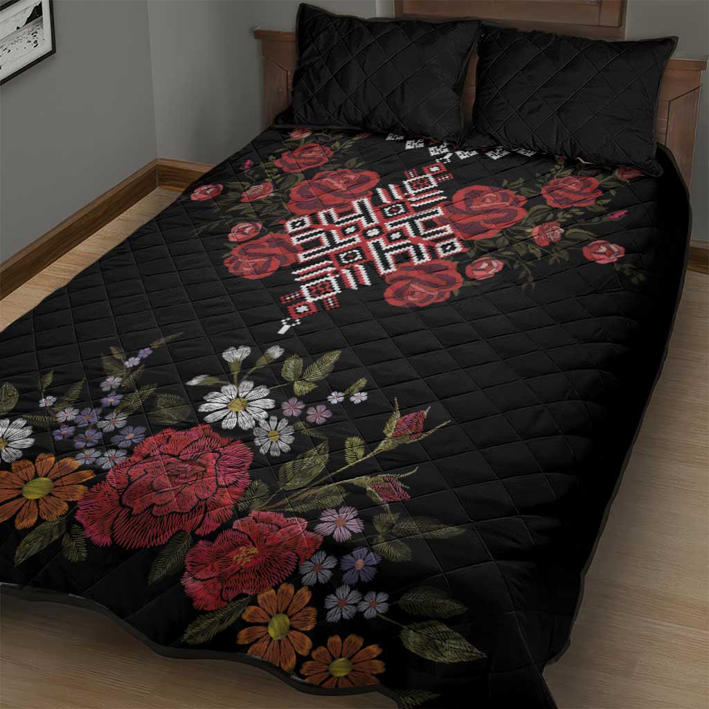 Czech Republic Traditional Costume Quilt Bed Set Embroidery Floral Pattern With Red Rose
