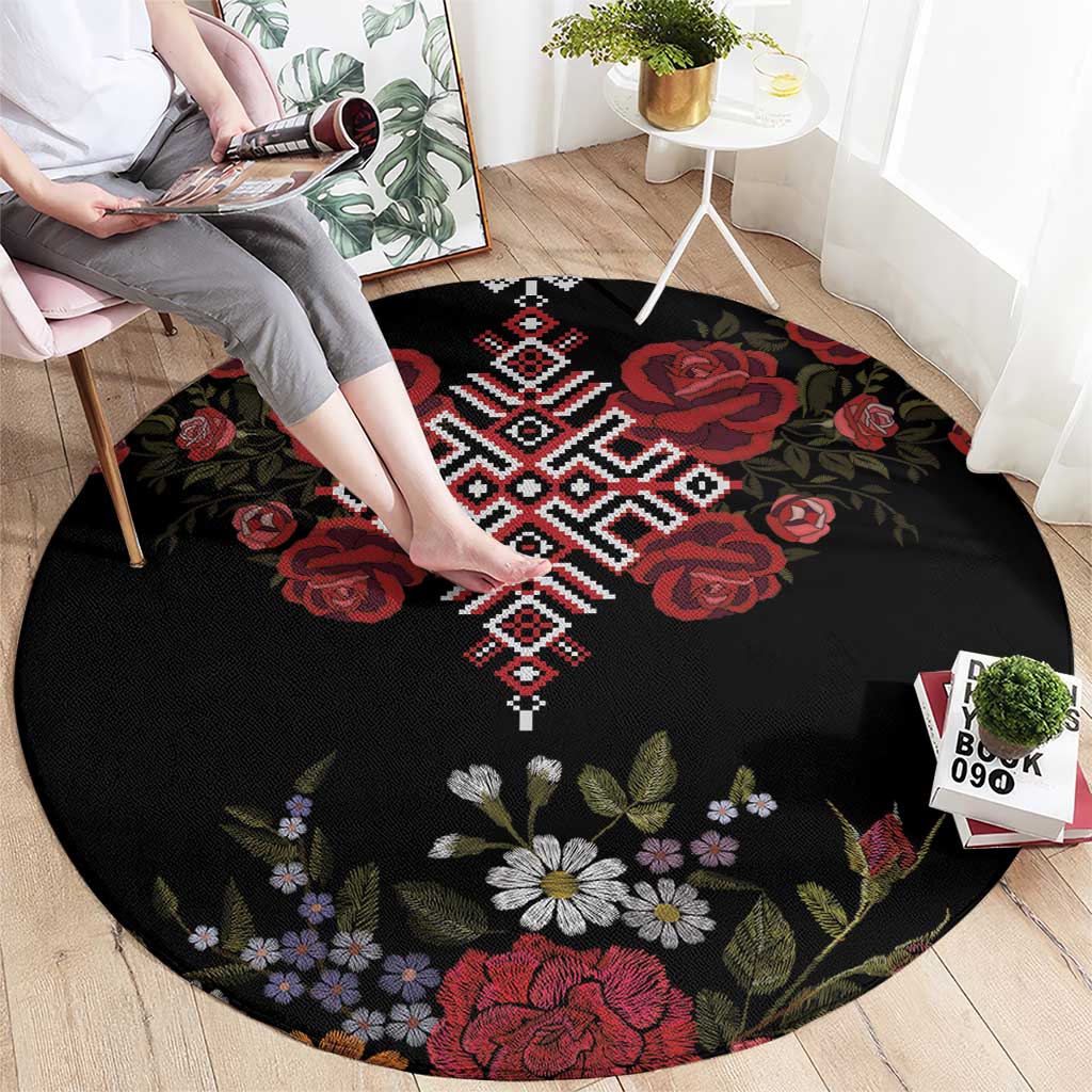 Czech Republic Traditional Costume Round Carpet Embroidery Floral Pattern With Red Rose