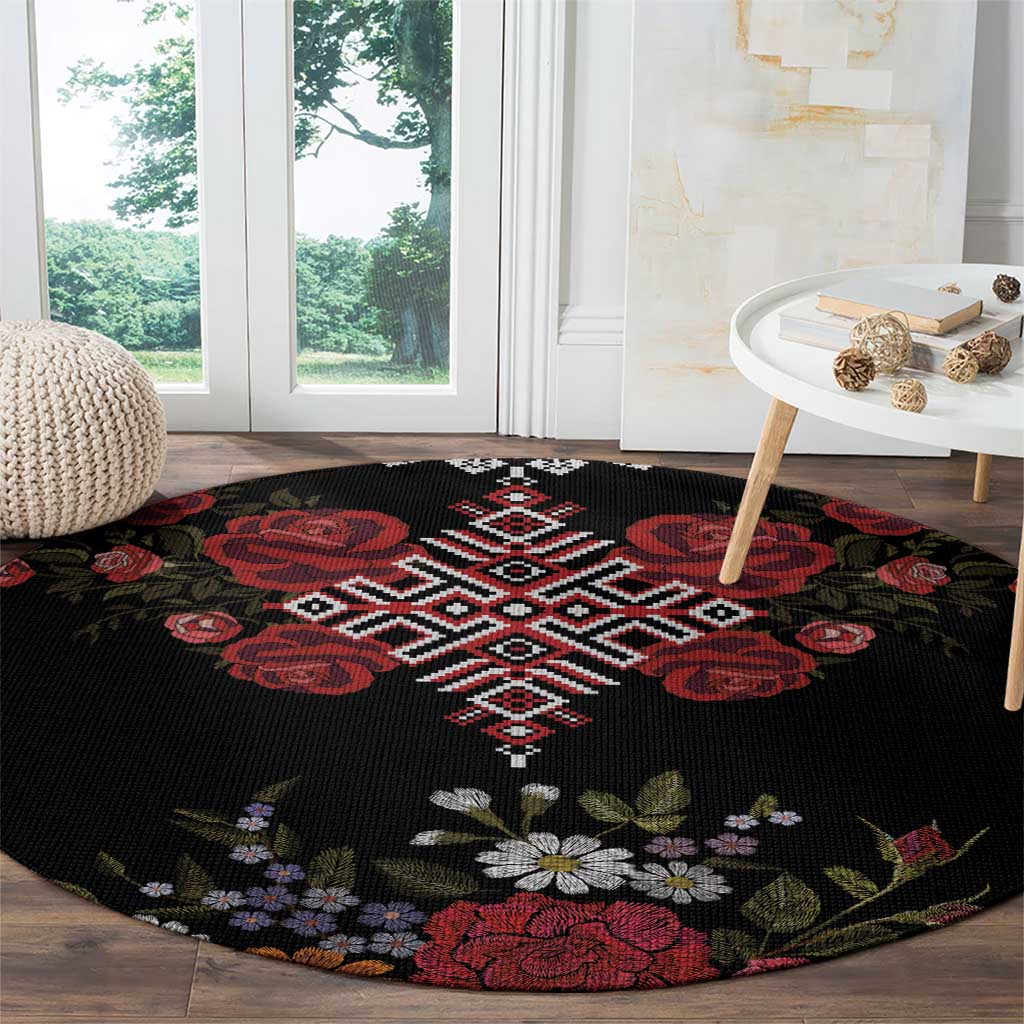 Czech Republic Traditional Costume Round Carpet Embroidery Floral Pattern With Red Rose