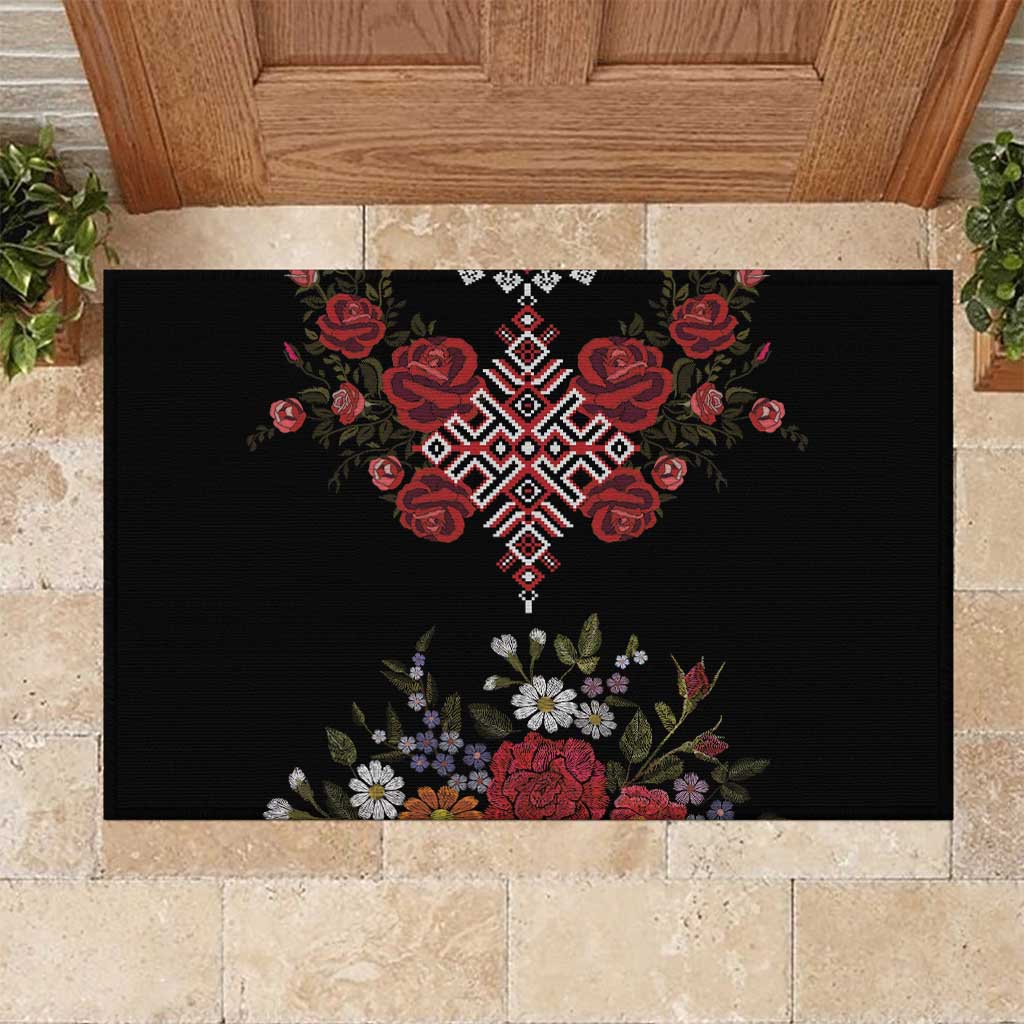 Czech Republic Traditional Costume Rubber Doormat Embroidery Floral Pattern With Red Rose