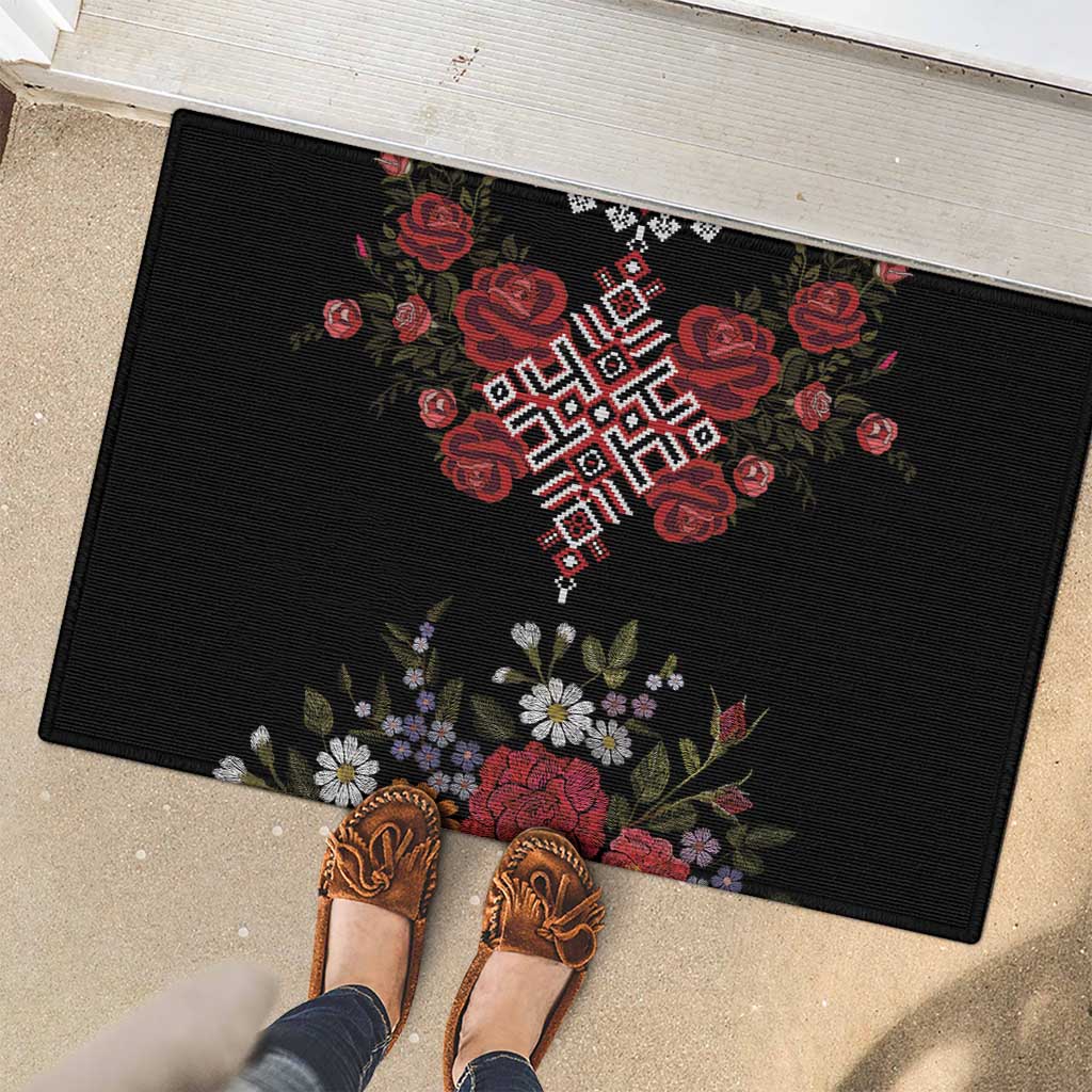 Czech Republic Traditional Costume Rubber Doormat Embroidery Floral Pattern With Red Rose
