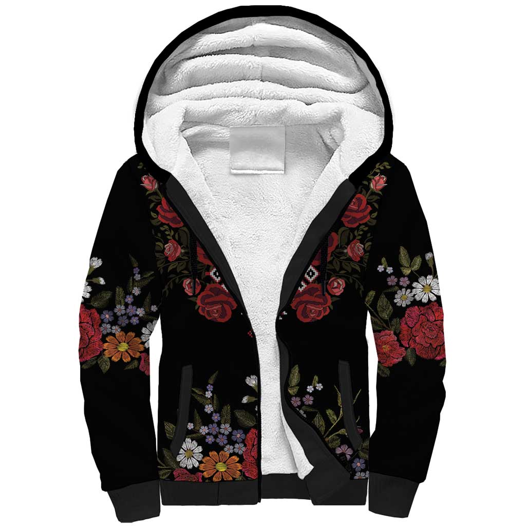 Czech Republic Traditional Costume Sherpa Hoodie Embroidery Floral Pattern With Red Rose