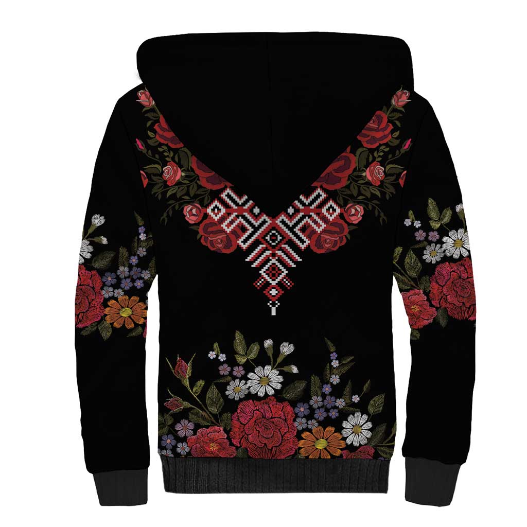 Czech Republic Traditional Costume Sherpa Hoodie Embroidery Floral Pattern With Red Rose