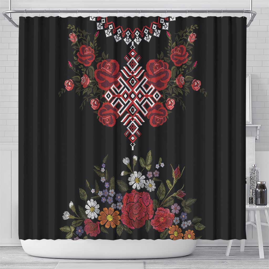 Czech Republic Traditional Costume Shower Curtain Embroidery Floral Pattern With Red Rose