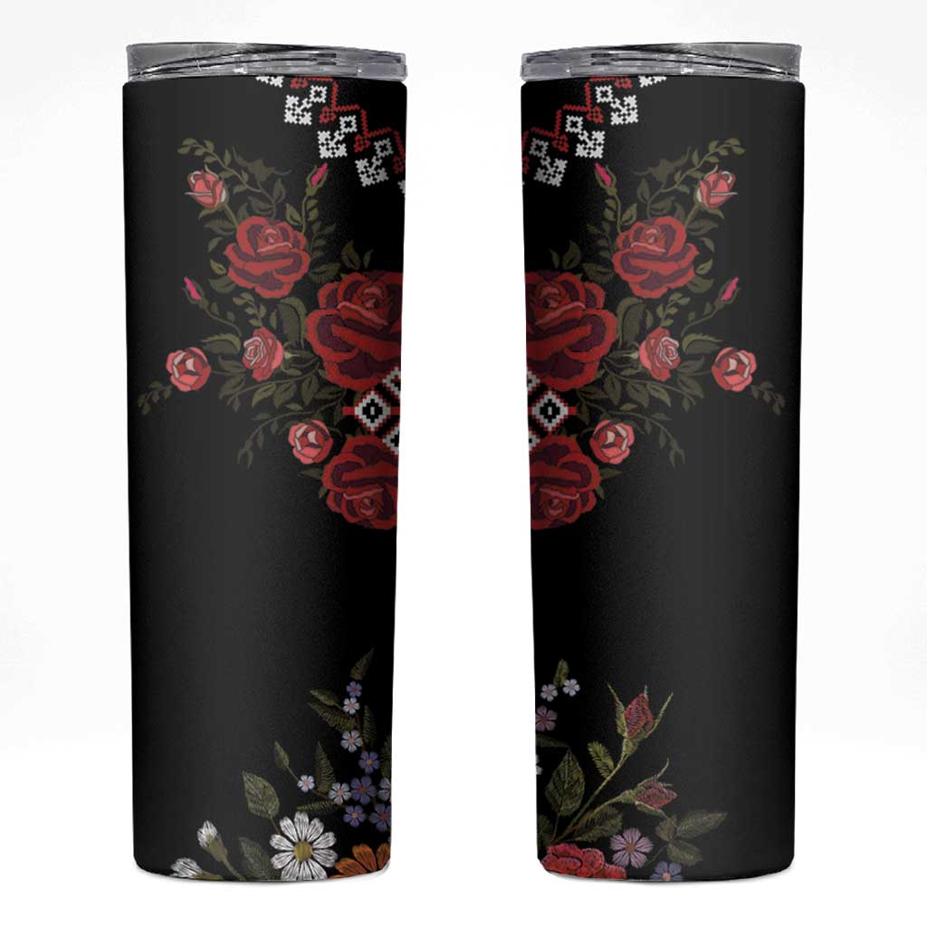 Czech Republic Traditional Costume Skinny Tumbler Embroidery Floral Pattern With Red Rose