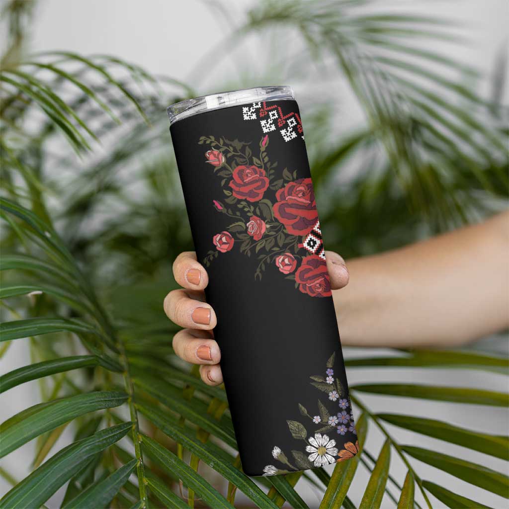 Czech Republic Traditional Costume Skinny Tumbler Embroidery Floral Pattern With Red Rose