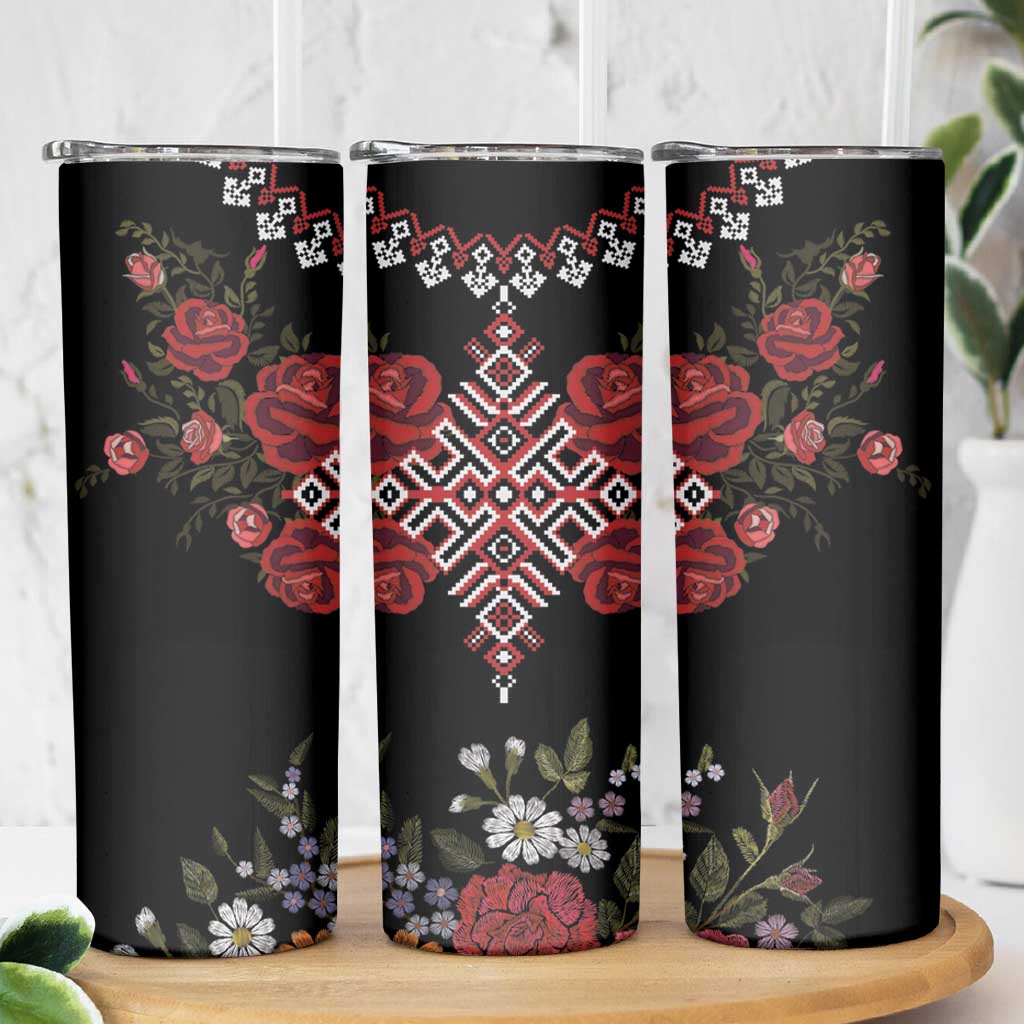 Czech Republic Traditional Costume Skinny Tumbler Embroidery Floral Pattern With Red Rose