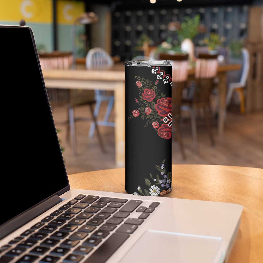 Czech Republic Traditional Costume Skinny Tumbler Embroidery Floral Pattern With Red Rose
