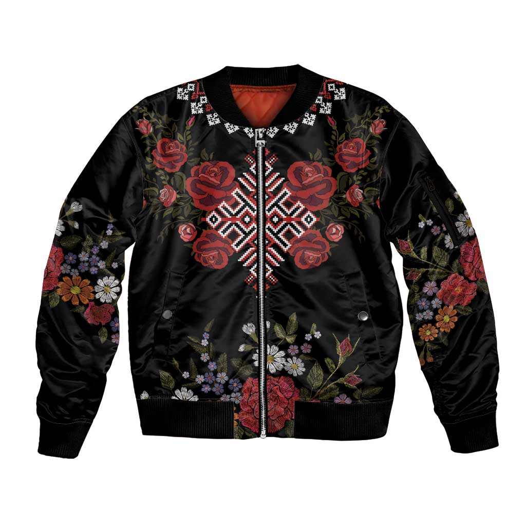 Czech Republic Traditional Costume Sleeve Zip Bomber Jacket Embroidery Floral Pattern With Red Rose