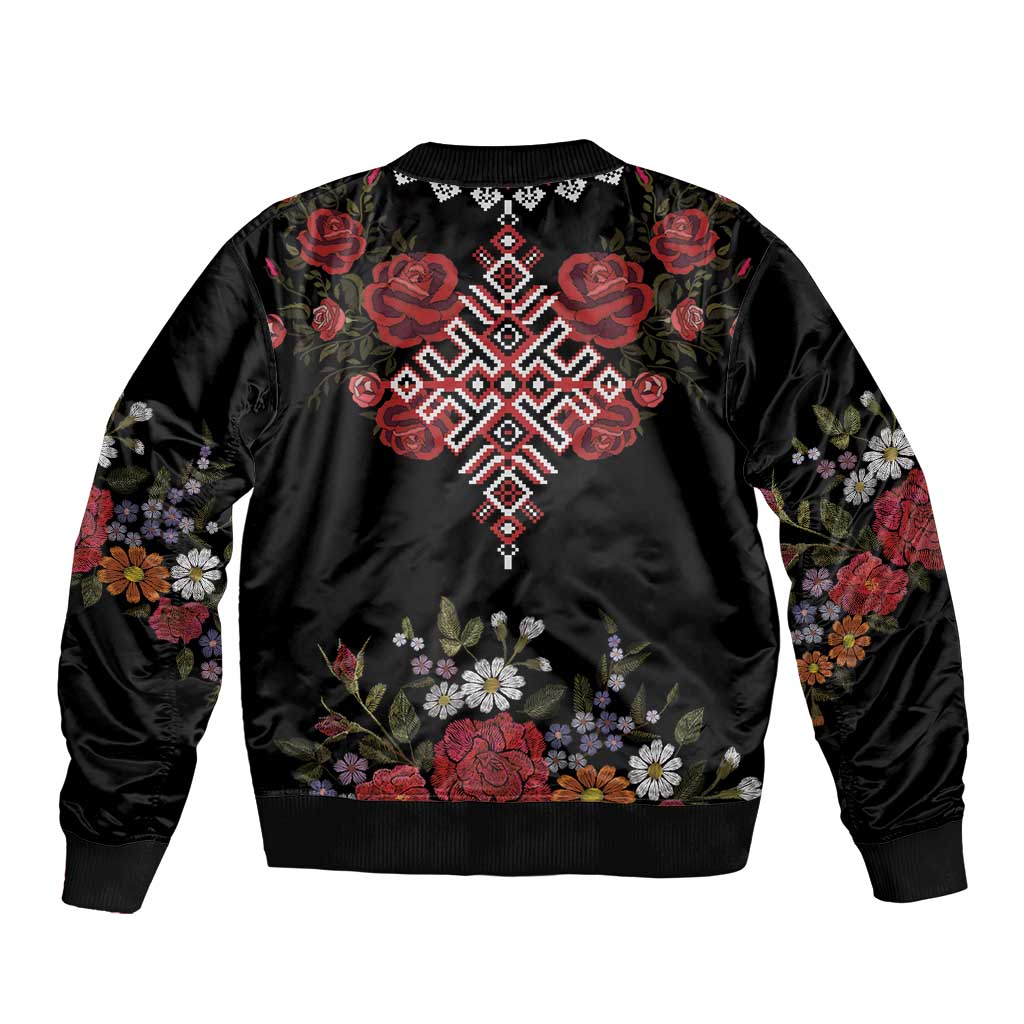 Czech Republic Traditional Costume Sleeve Zip Bomber Jacket Embroidery Floral Pattern With Red Rose