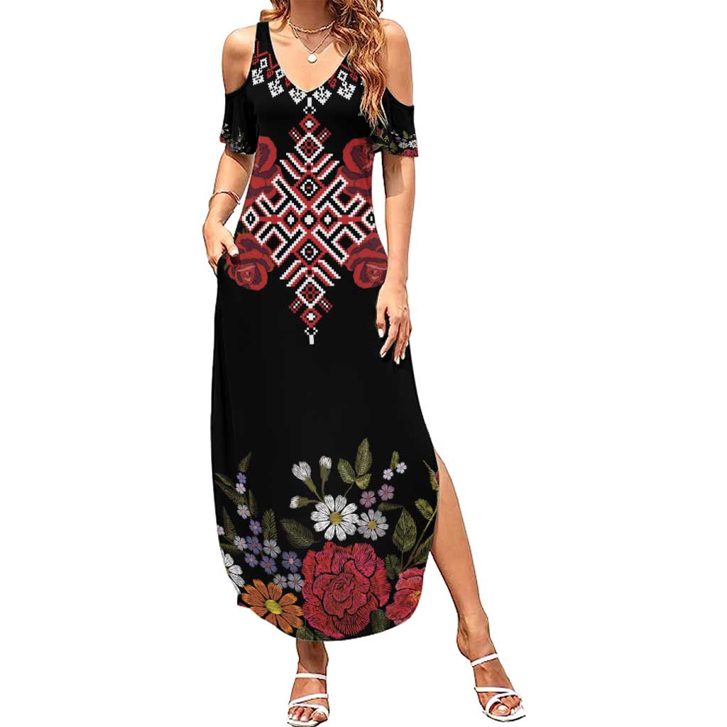 Czech Republic Traditional Costume Summer Maxi Dress Embroidery Floral Pattern With Red Rose