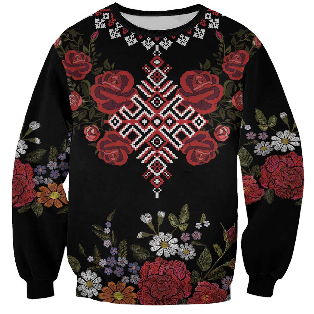 Czech Republic Traditional Costume Sweatshirt Embroidery Floral Pattern With Red Rose