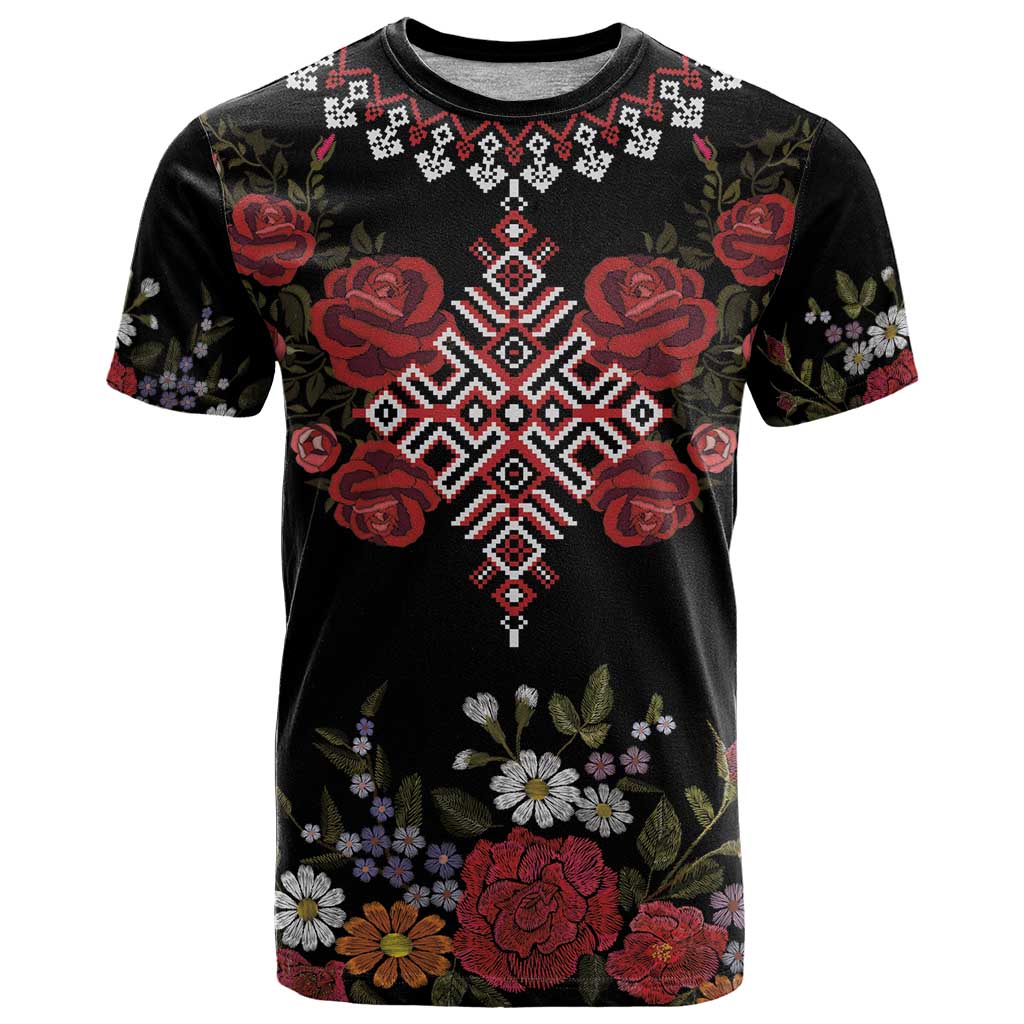 Czech Republic Traditional Costume T Shirt Embroidery Floral Pattern With Red Rose