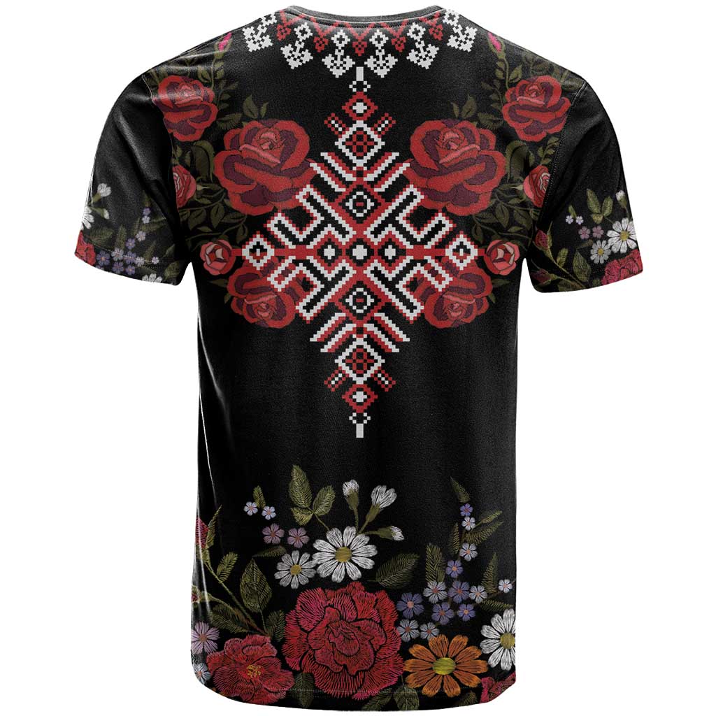 Czech Republic Traditional Costume T Shirt Embroidery Floral Pattern With Red Rose