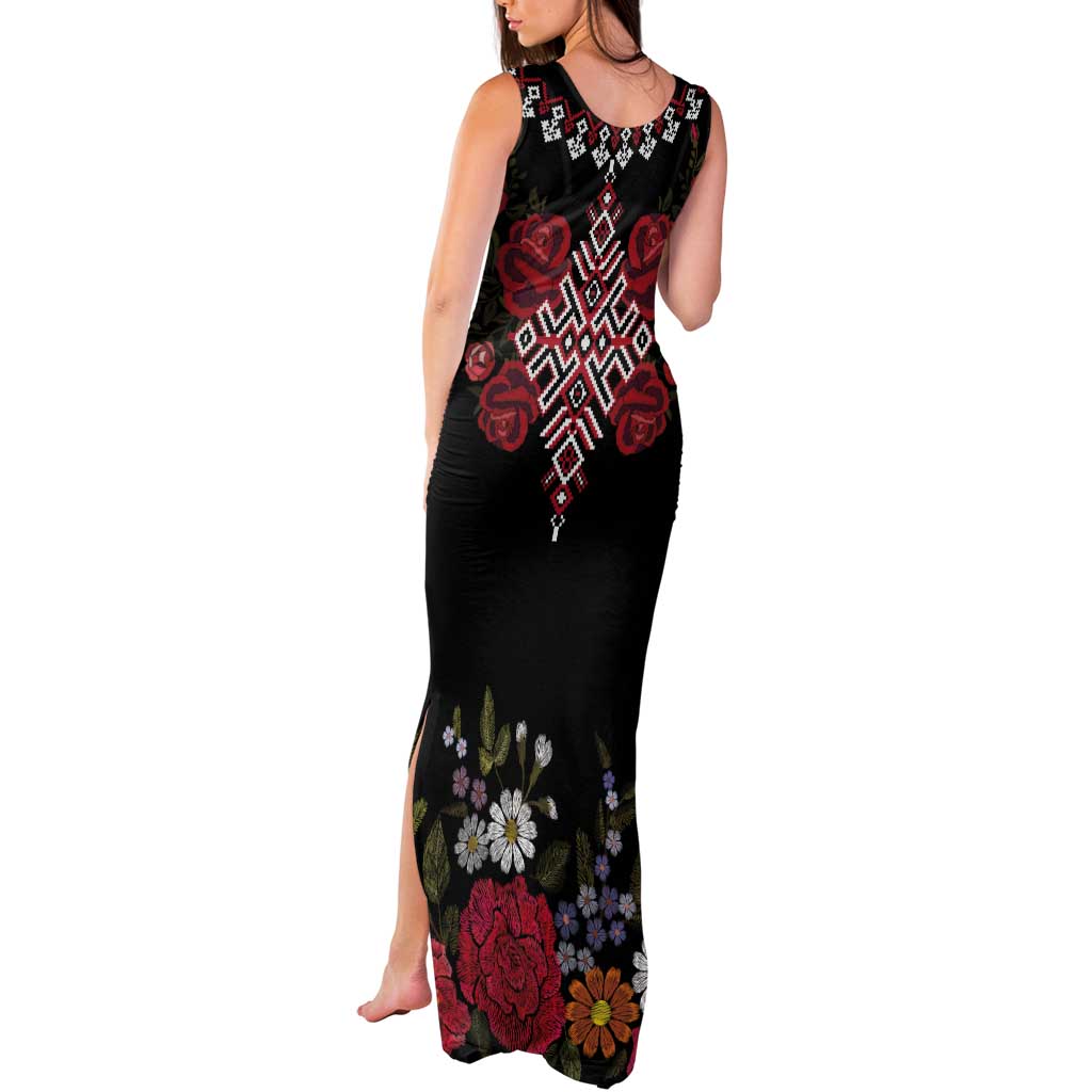 Czech Republic Traditional Costume Tank Maxi Dress Embroidery Floral Pattern With Red Rose