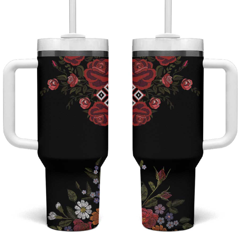 Czech Republic Traditional Costume Tumbler With Handle Embroidery Floral Pattern With Red Rose