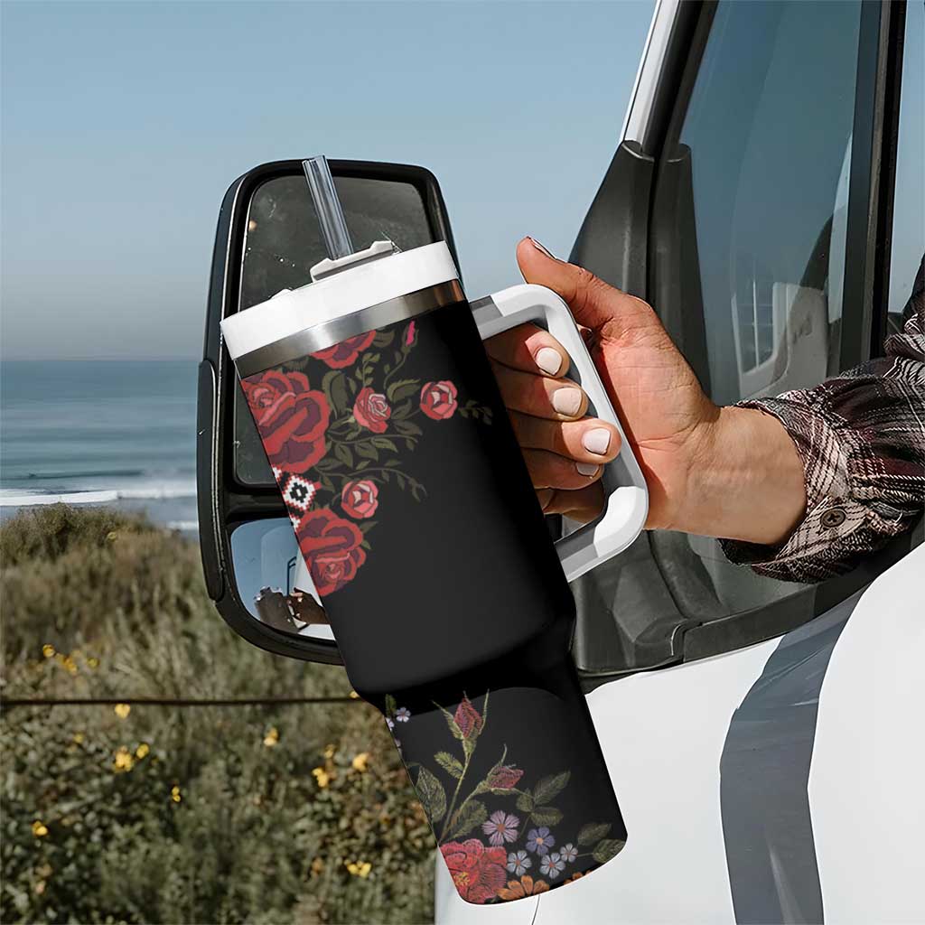 Czech Republic Traditional Costume Tumbler With Handle Embroidery Floral Pattern With Red Rose