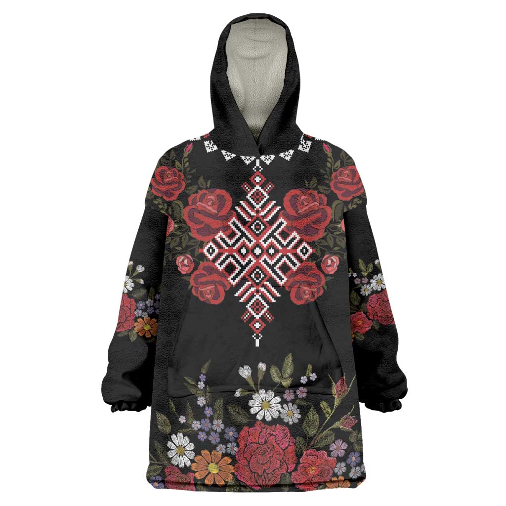 Czech Republic Traditional Costume Wearable Blanket Hoodie Embroidery Floral Pattern With Red Rose