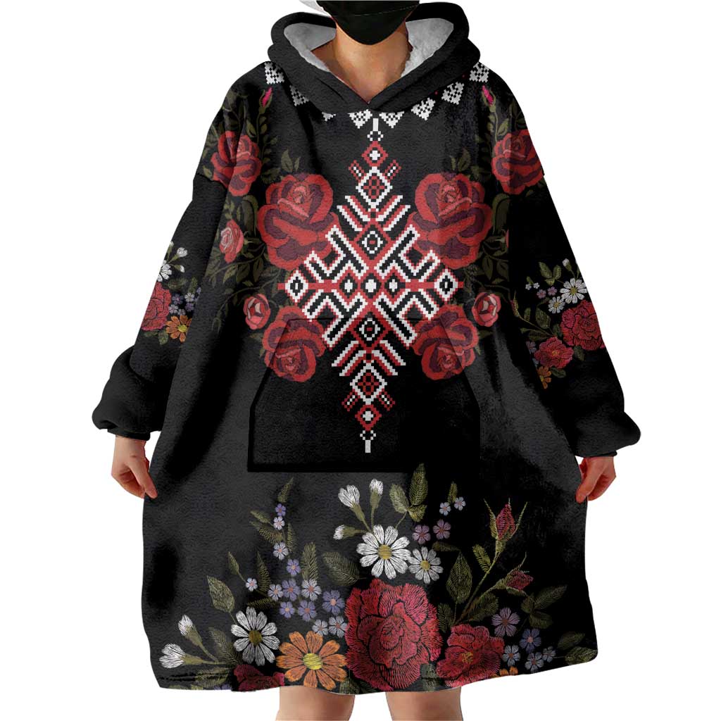 Czech Republic Traditional Costume Wearable Blanket Hoodie Embroidery Floral Pattern With Red Rose