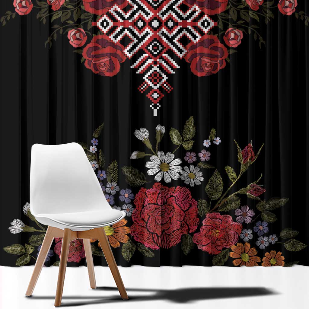 Czech Republic Traditional Costume Window Curtain Embroidery Floral Pattern With Red Rose