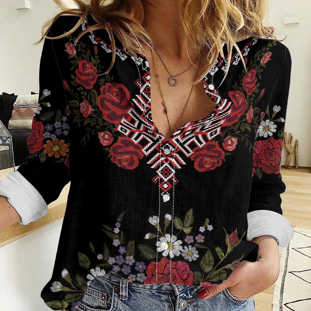 Czech Republic Traditional Costume Women Casual Shirt Embroidery Floral Pattern With Red Rose