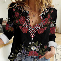 Czech Republic Traditional Costume Women Casual Shirt Embroidery Floral Pattern With Red Rose