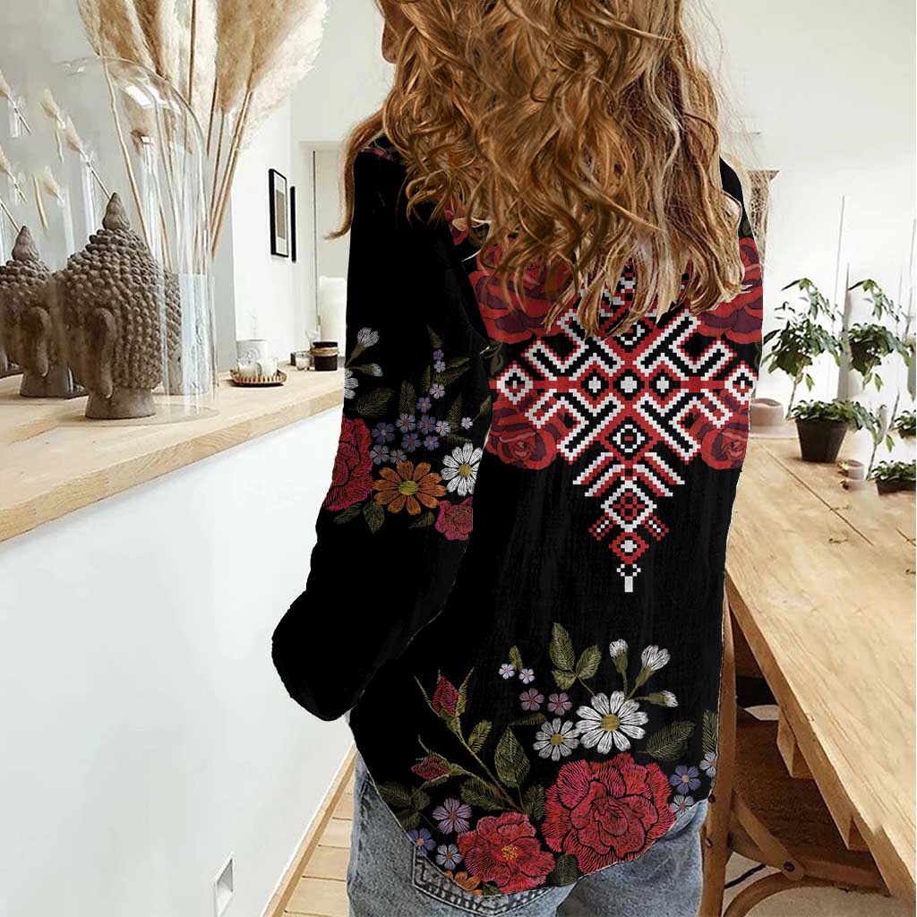 Czech Republic Traditional Costume Women Casual Shirt Embroidery Floral Pattern With Red Rose