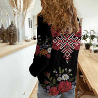 Czech Republic Traditional Costume Women Casual Shirt Embroidery Floral Pattern With Red Rose