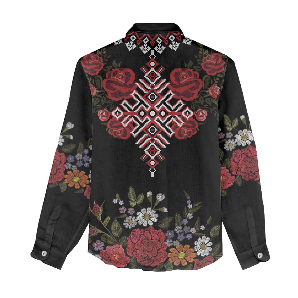 Czech Republic Traditional Costume Women Casual Shirt Embroidery Floral Pattern With Red Rose