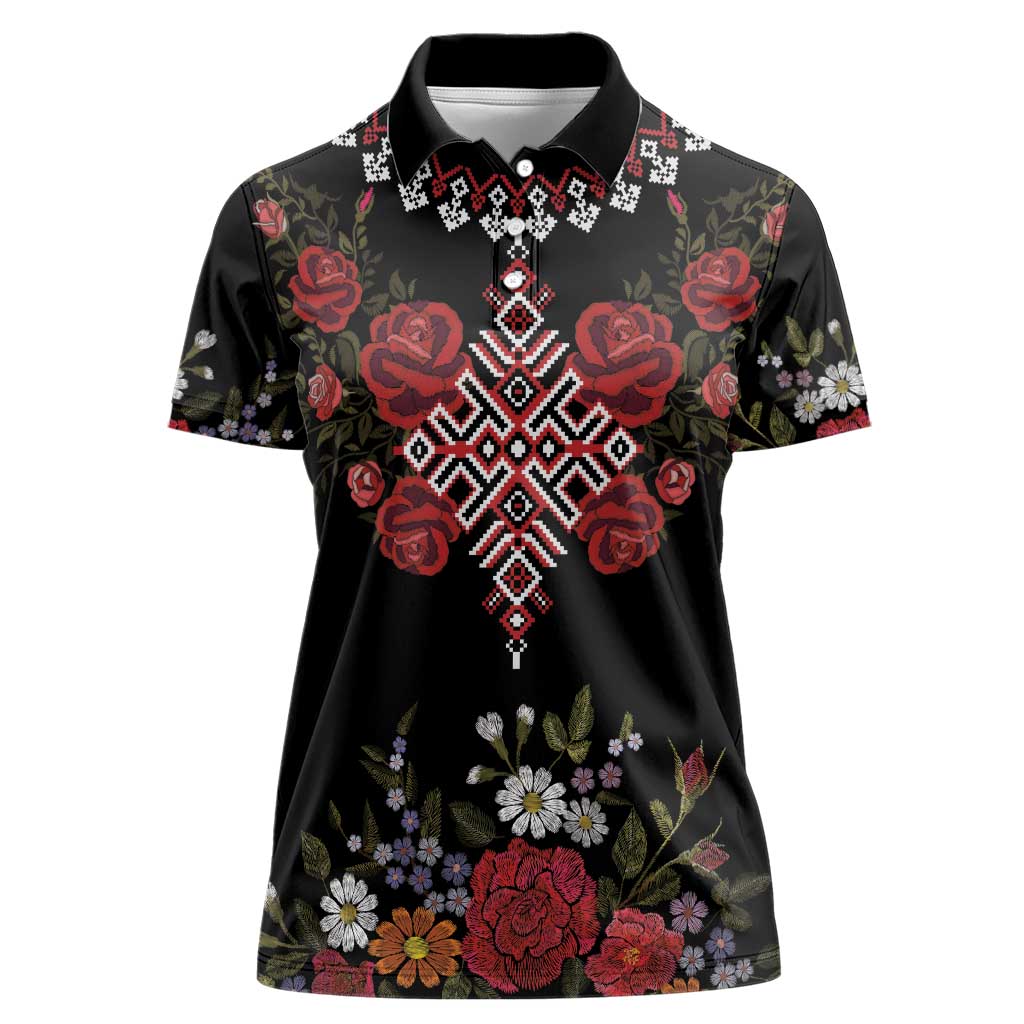 Czech Republic Traditional Costume Women Polo Shirt Embroidery Floral Pattern With Red Rose