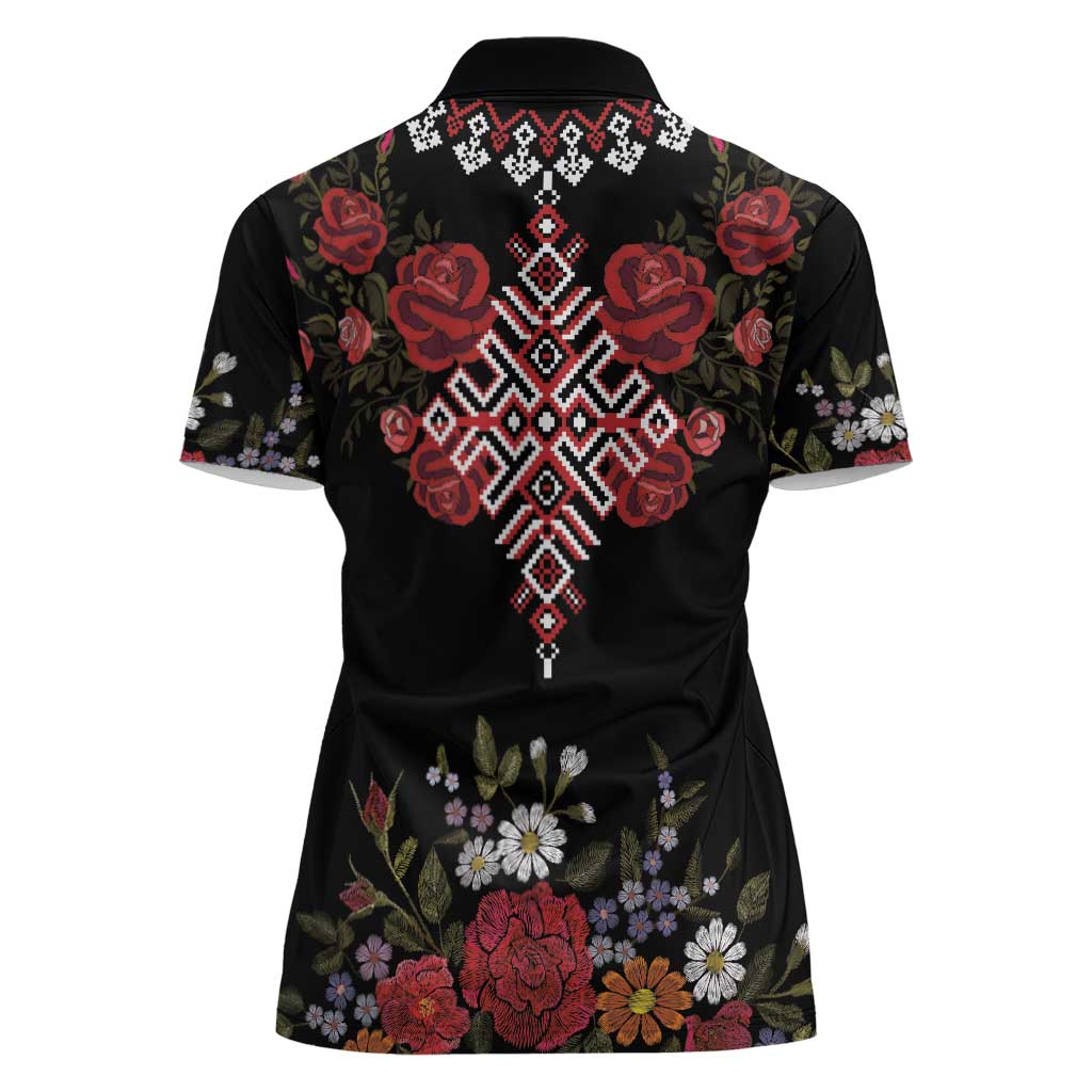 Czech Republic Traditional Costume Women Polo Shirt Embroidery Floral Pattern With Red Rose