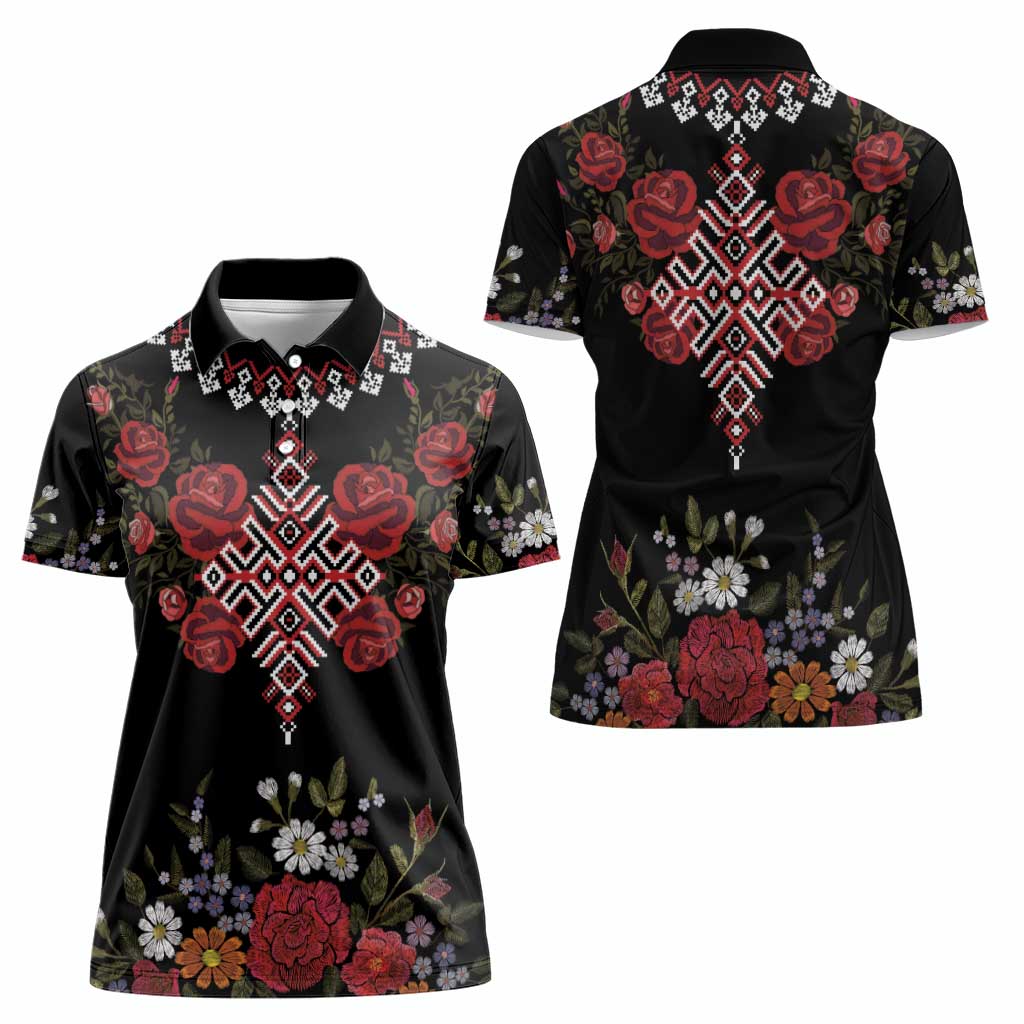 Czech Republic Traditional Costume Women Polo Shirt Embroidery Floral Pattern With Red Rose