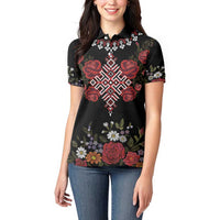 Czech Republic Traditional Costume Women Polo Shirt Embroidery Floral Pattern With Red Rose