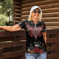 Czech Republic Traditional Costume Women Polo Shirt Embroidery Floral Pattern With Red Rose