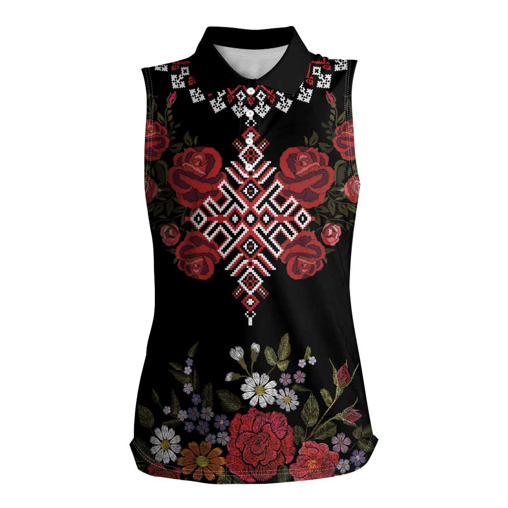 Czech Republic Traditional Costume Women Sleeveless Polo Shirt Embroidery Floral Pattern With Red Rose