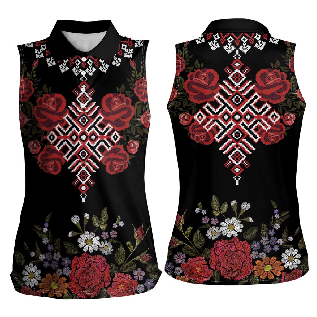 Czech Republic Traditional Costume Women Sleeveless Polo Shirt Embroidery Floral Pattern With Red Rose