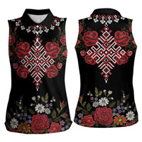 Czech Republic Traditional Costume Women Sleeveless Polo Shirt Embroidery Floral Pattern With Red Rose