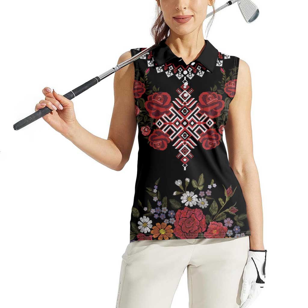 Czech Republic Traditional Costume Women Sleeveless Polo Shirt Embroidery Floral Pattern With Red Rose